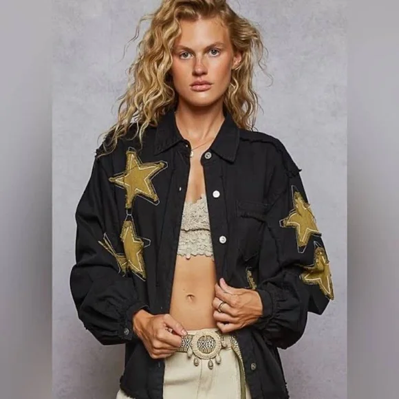 POL Star Patch Raw Hem Button Up Denim Lightweight Shacket Oversized Fit Black - Picture 5 of 7